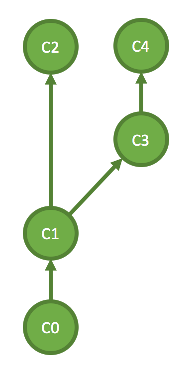 C0 precedes C1; C1 branches into C2 and C3 followed by C4, so C2 and C4 share history but are concurrent.