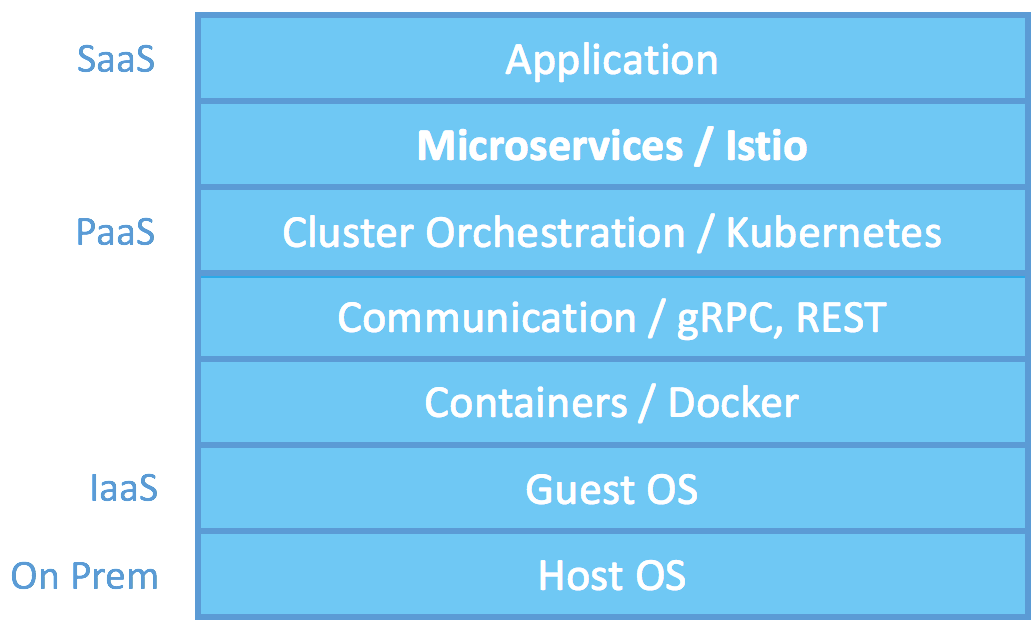 Stack from bottom to top: host OS, guest OS, Docker containers, gRPC/REST, Kubernetes, Istio microservices, application.