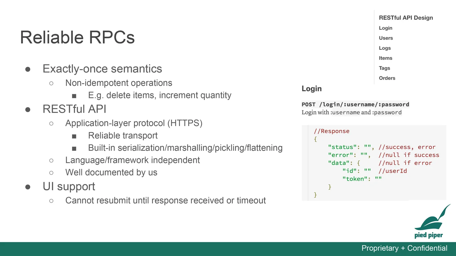 RPC design targets exactly-once updates using an HTTPS REST API and UI resubmission controls; login returns status, error, user ID and token.