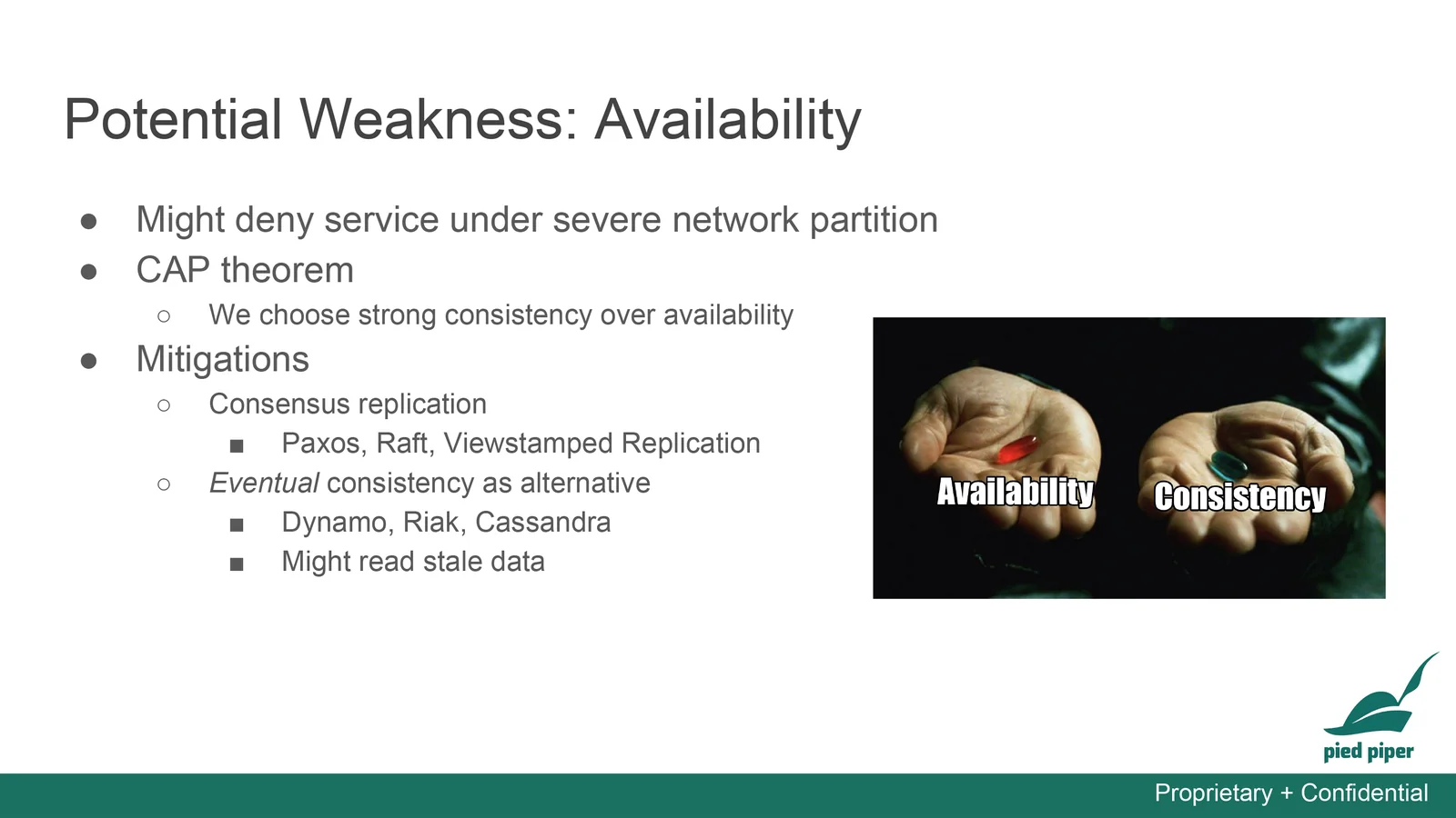 Strong consistency may deny service during network partitions; consensus replication mitigates failures, while eventual consistency favors availability but permits stale reads.