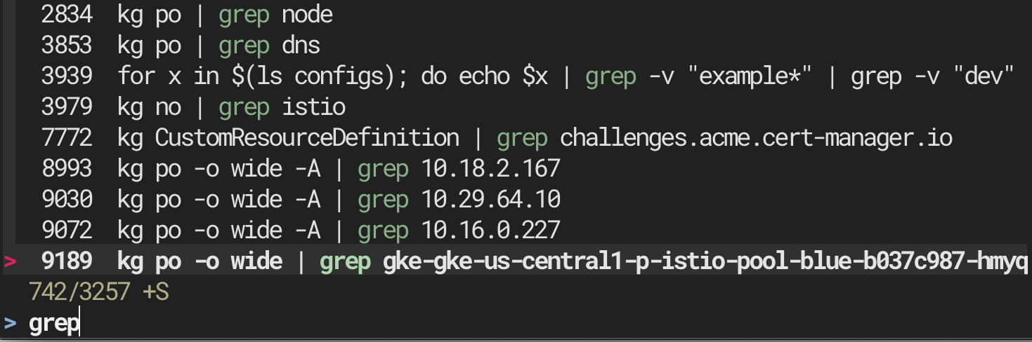 Typing grep in fzf filters command history to multiple matching commands, with one highlighted for selection.
