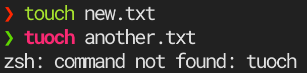 Syntax highlighting marks touch as valid in green and the typo tuoch in red; running tuoch produces command not found.