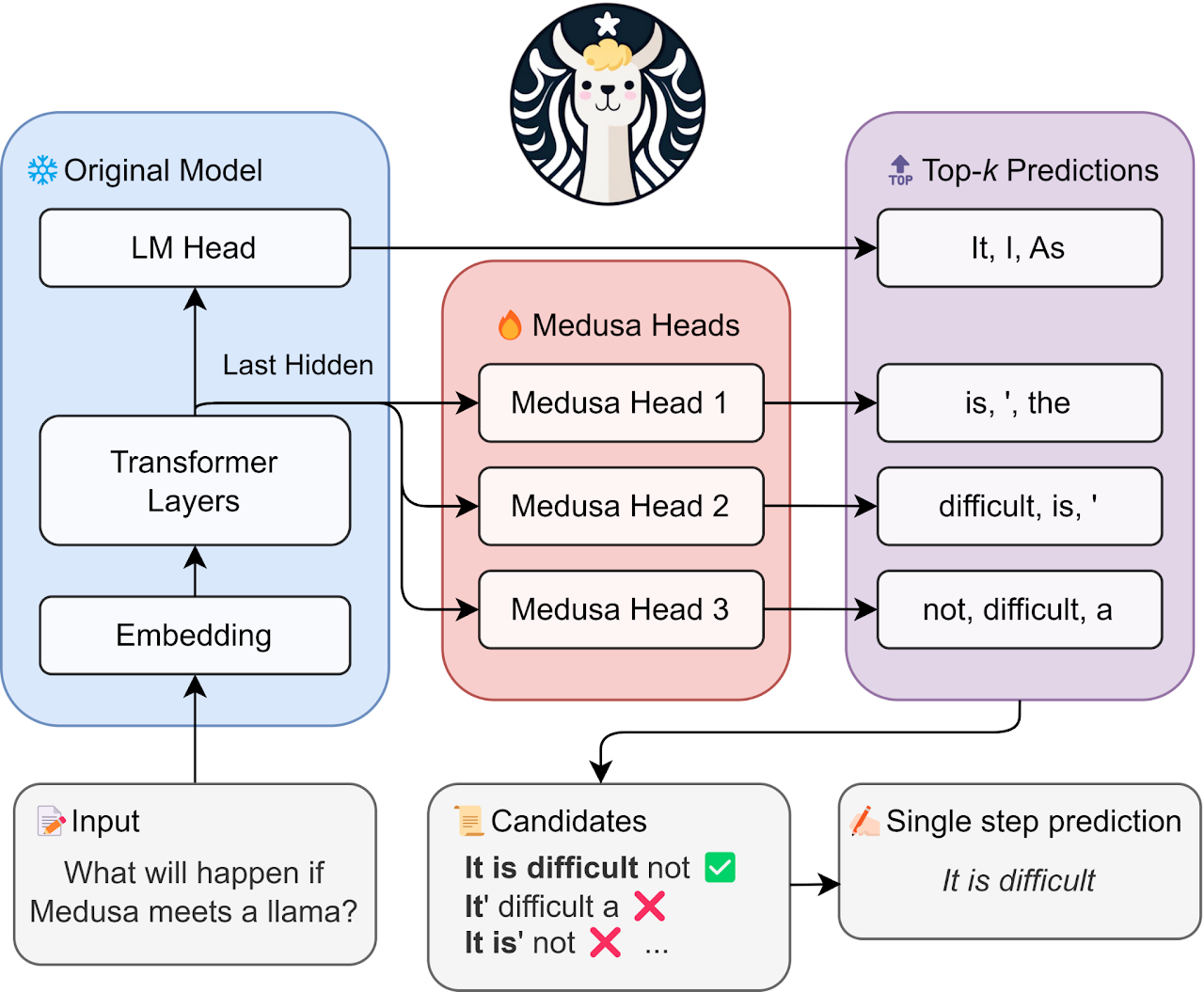 A frozen model's LM head and three trainable Medusa heads propose tokens in parallel; candidate combinations are verified to emit several tokens per step.